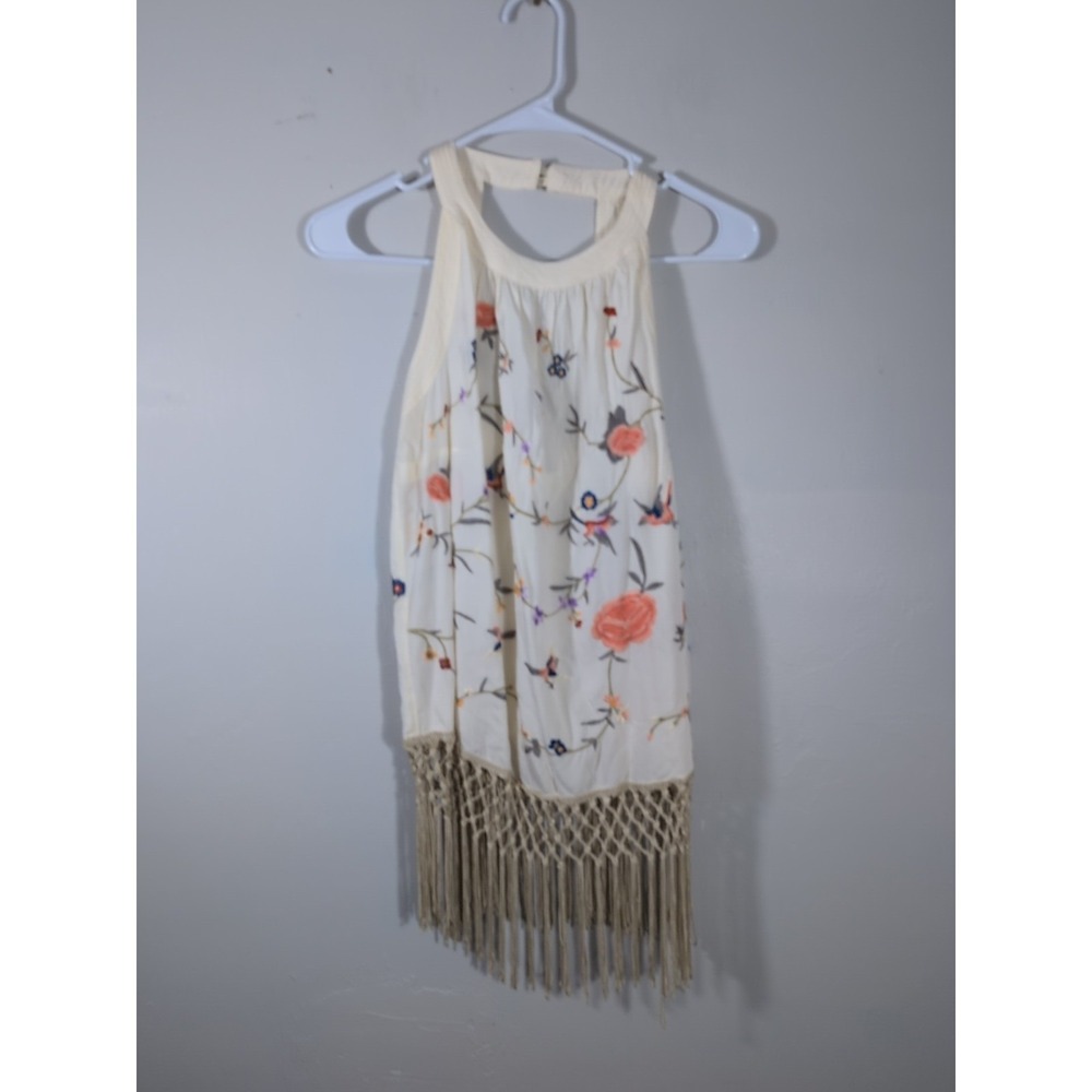 by Anthropologie Gatsby Embroidered Tank Shirt Top Size 0 Floral Birds Fringe